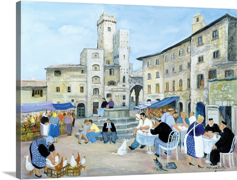 Contemporary painting of people eating outdoors in a Tuscan town.