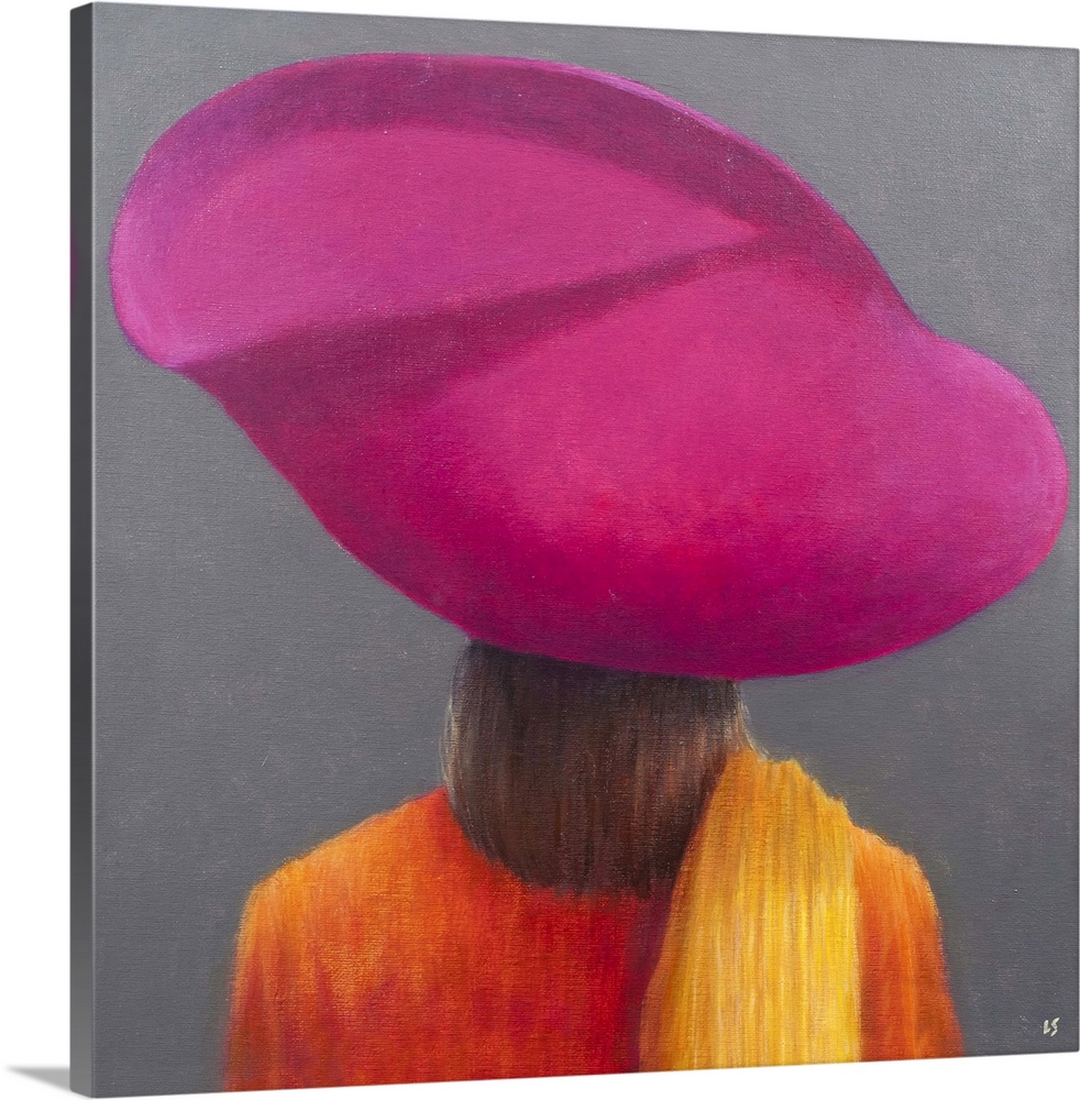 Contemporary painting of a rear view of a women wearing a large pink hat.