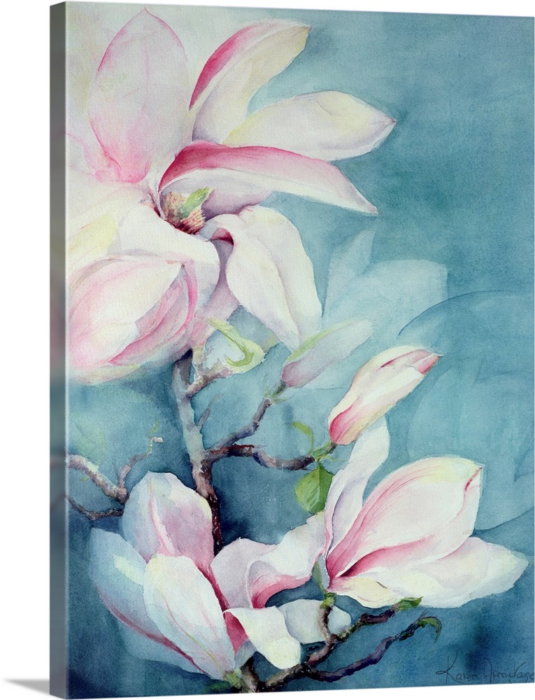 Contemporary floral painting of a branch of large petaled white flowers with soft pink accents of color on a cool blue bac...