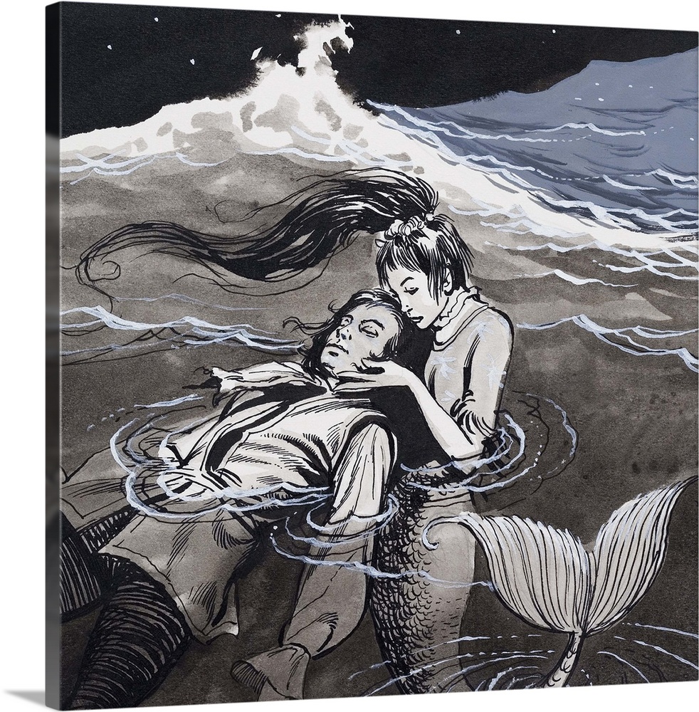 Drowned man being assisted by mermaid.  Original artwork for "Robin."