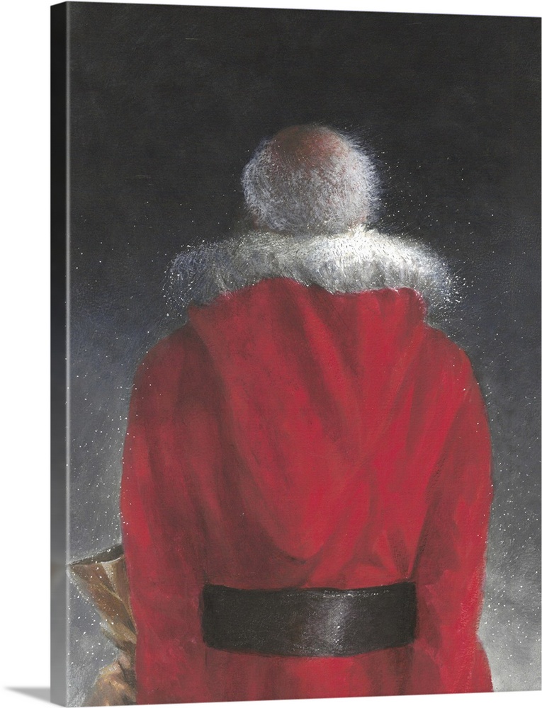 Contemporary painting of a the rear view of a man in a red coat.
