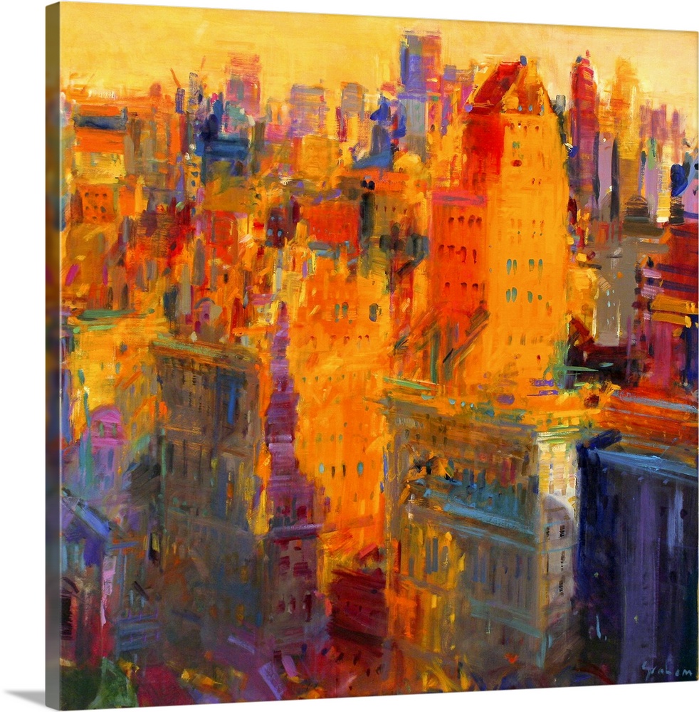 Square contemporary abstract painting of buildings in NYC made up of large brush strokes.