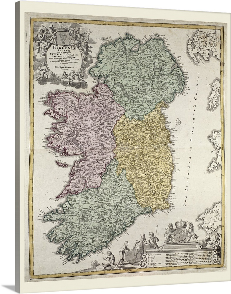 An antique map of Ireland showing the Provinces of Ulster, Munster, Connaught and Leinster.