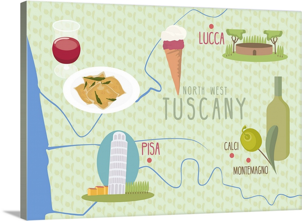 Map Of Lucca And Pisa, Tuscany, Italy
