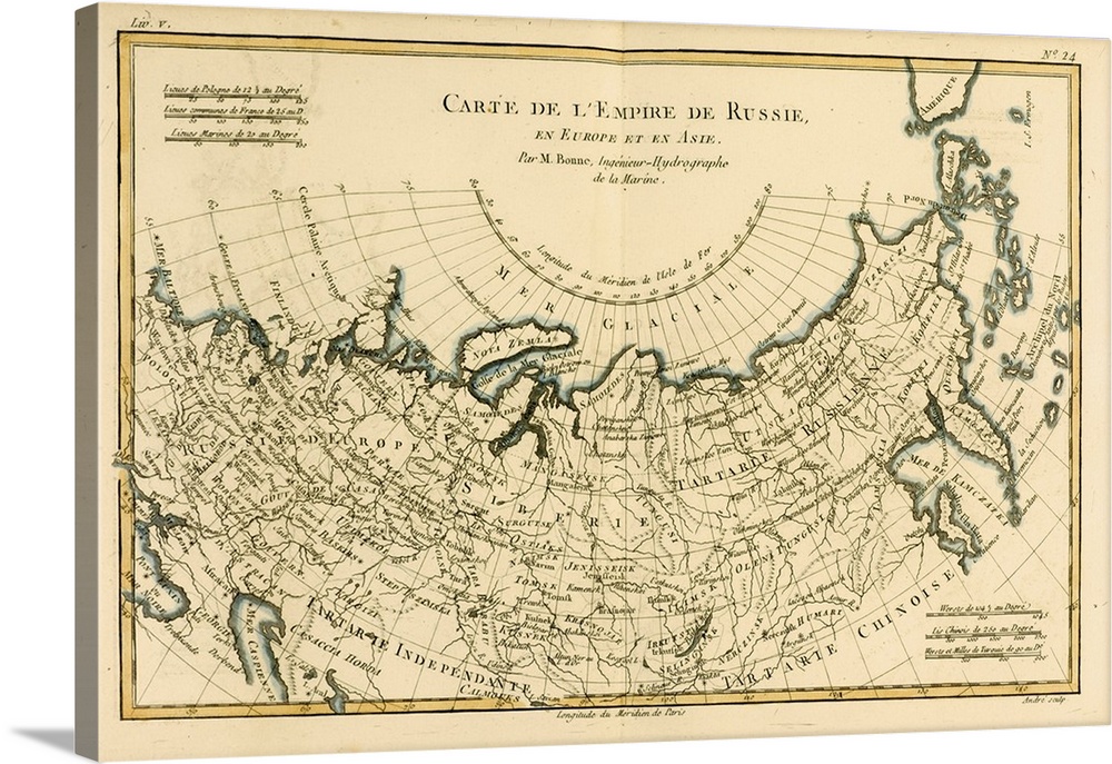 Map of Russia, circa.1760. From .Atlas de Toutes Les Parties Connues du Globe Terrestre . by Cartographer Rigobert Bonne. ...