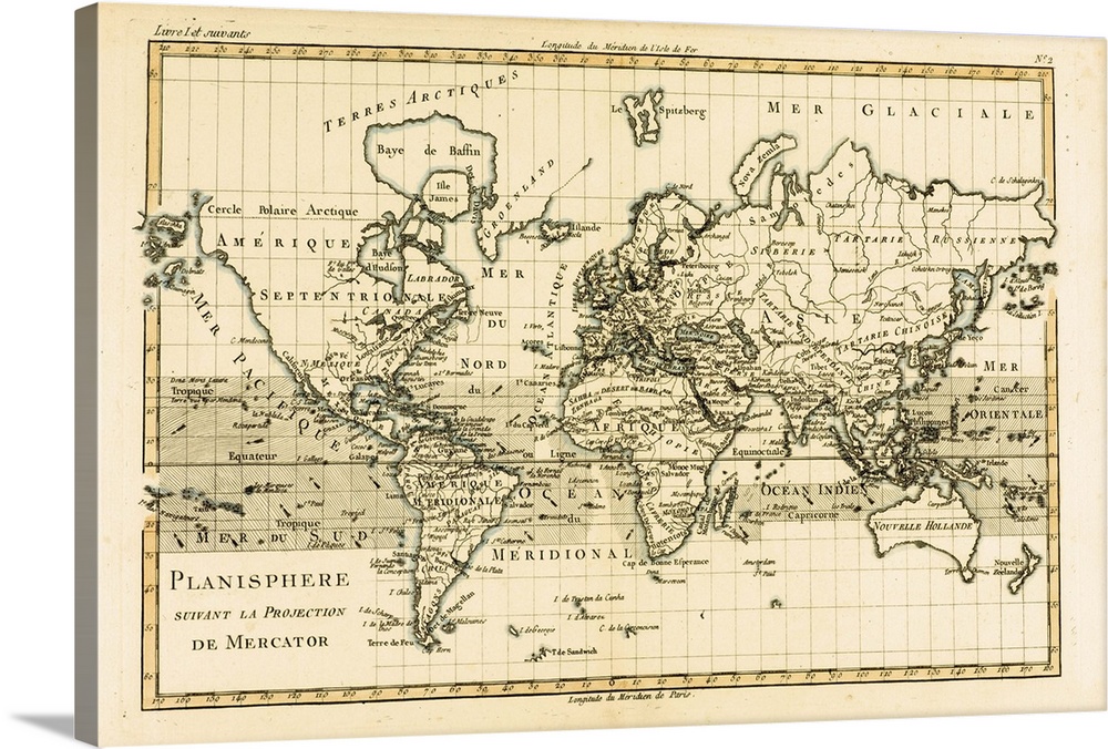 World map, circa. 1760. From .Atlas de Toutes Les Parties Connues du Globe Terrestre . by Cartographer Rigobert Bonne. Pub...