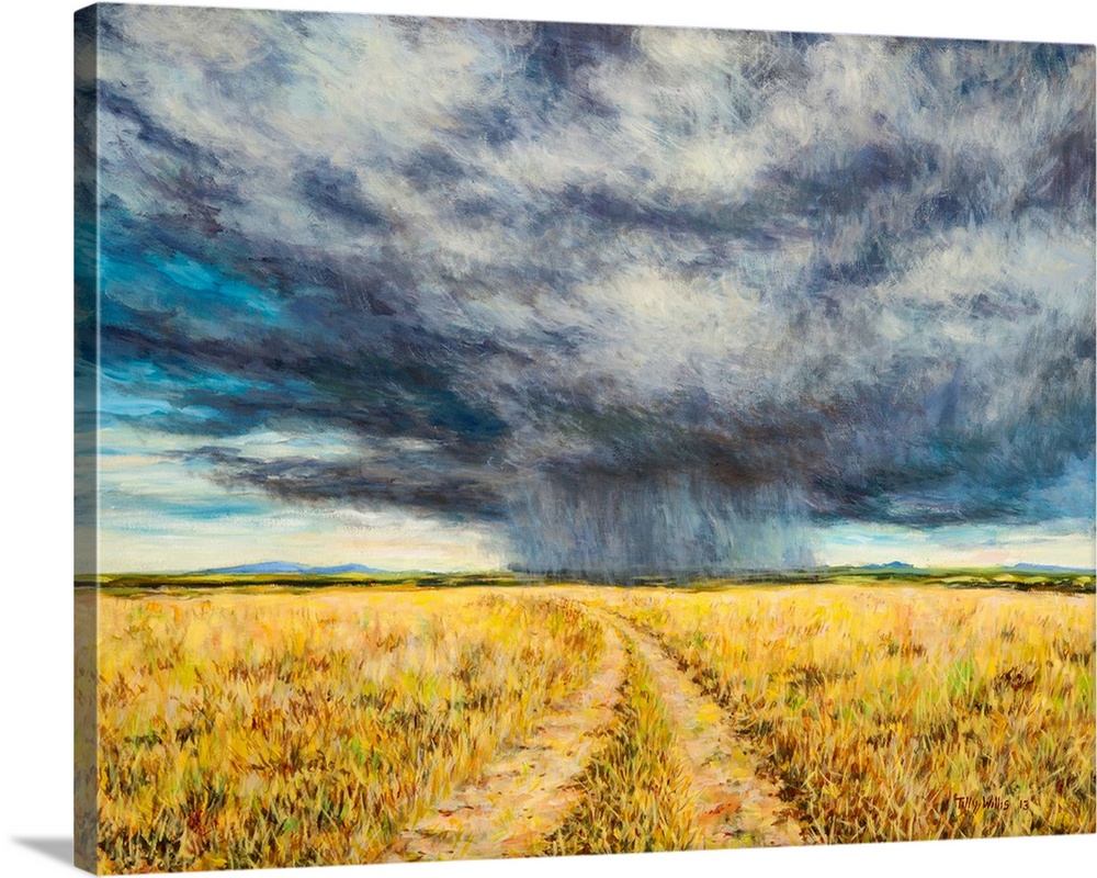 Contemporary painting of a storm advancing over the Kenyan plains.