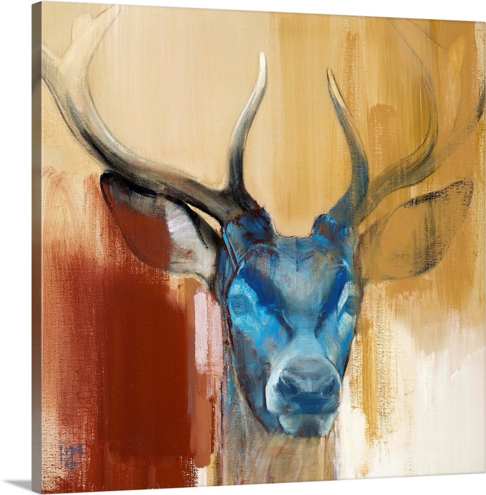 Contemporary artwork of a stag with a blue face against an earthy background.
