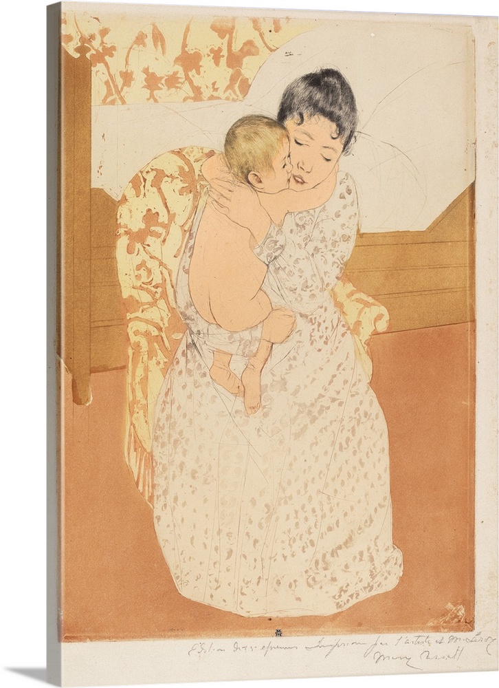 Maternal Caress, 1890-1, colur drypoint and aquatint on cream laid paper.  By Mary Cassatt (1844-1926).