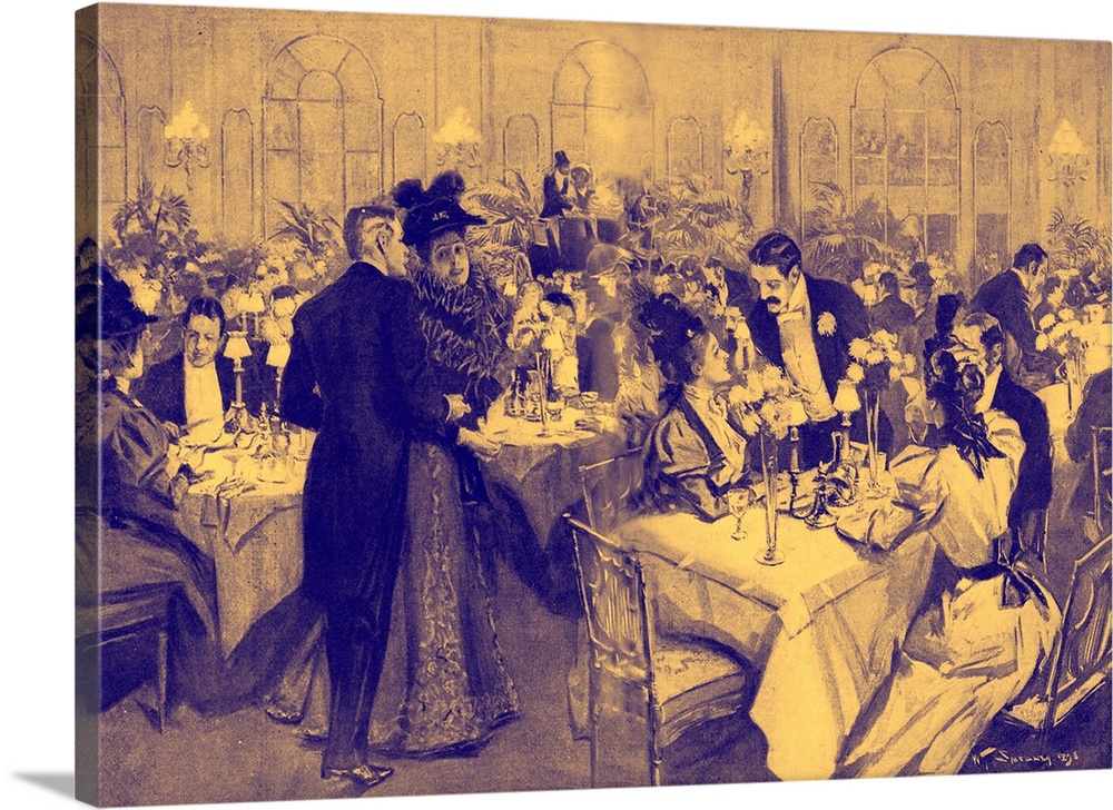 Members of high society at the Waldorf Hotel, 1896. The dining room has been specially decorated for Horse Show Week. Capt...