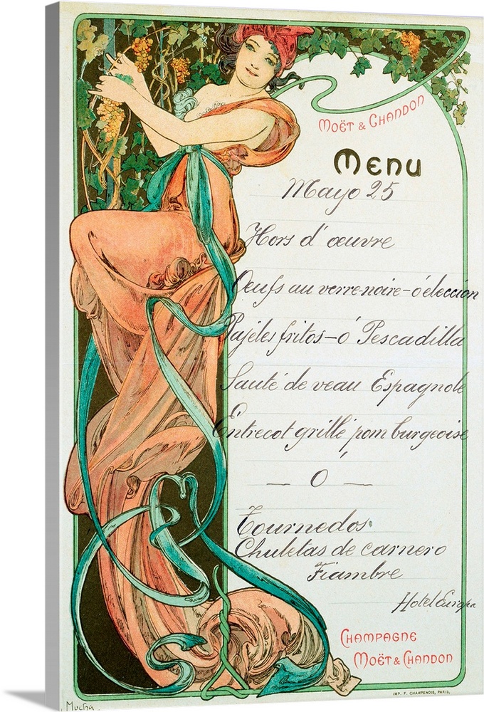 Menu printed by Champagne Moet and Chandon for a French specialty meal. Illustration by Alphonse Mucha (1860-1939).