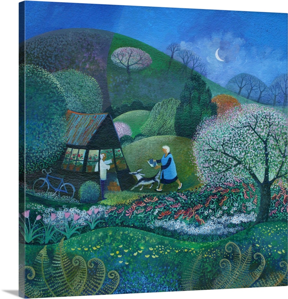 Contemporary painting of a person walking in a garden in the evening.