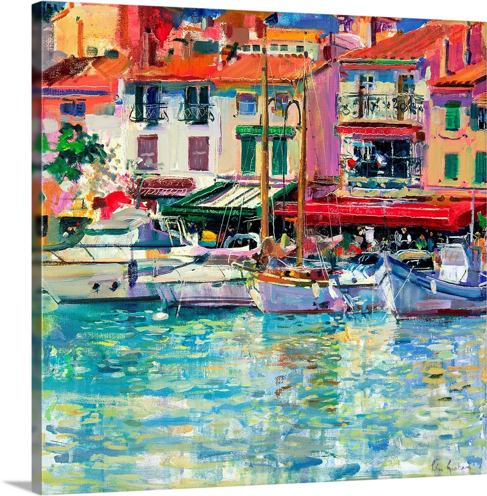 Large, square painting of a Mediterranean port, with several sail boats in front of a line of colorful buildings in the ba...