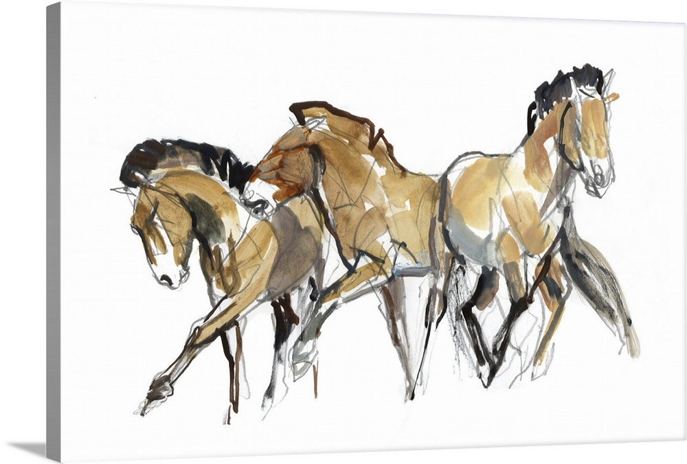 Contemporary artwork of three Mongolian Przewalski horses against a white background.