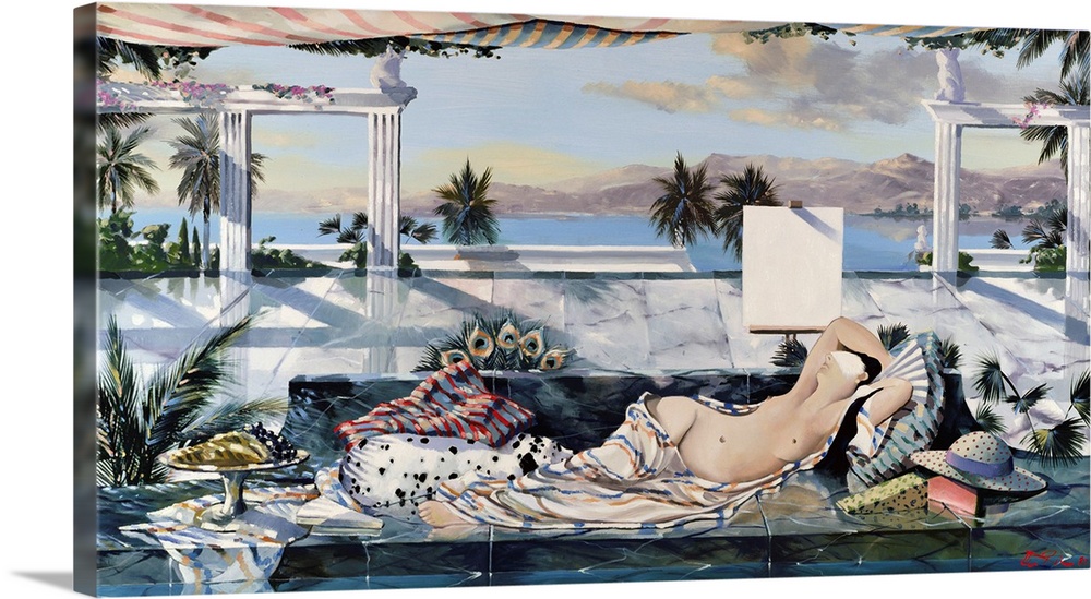 Contemporary painting of a nude woman reclining by the ocean.