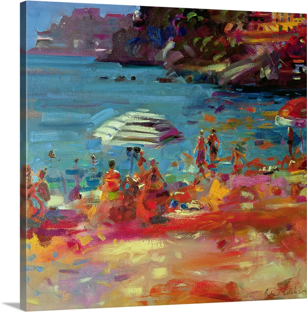 Contemporary artwork of people painted sitting on a beach in front of the water and buildings on cliffs line the right sid...