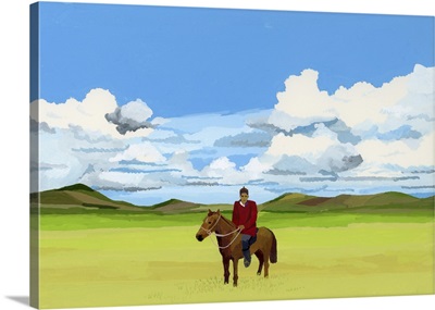Mongolian Steppes And People Riding Horses, 2015