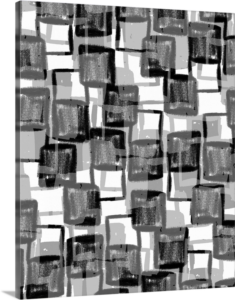 An abstract piece of artwork that consists of black and grey squares in an erratic pattern.