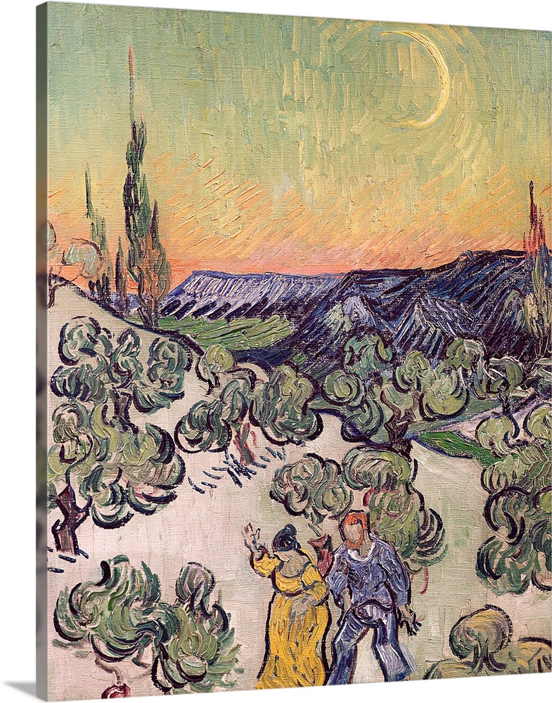 A piece of classic artwork with a man and woman walking through a field of trees with a crescent moon painted in the sky.