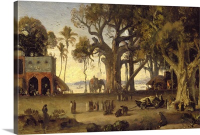 Moonlit Scene of Indian Figures and Elephants among Banyan Trees, Upper India