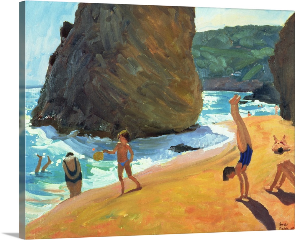 Horizontal painting on a big canvas of people playing on the beach, near the water, large boulders behind them, in front o...