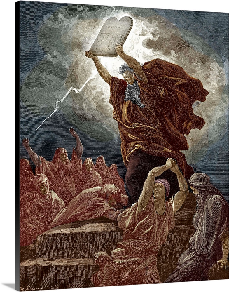 Moses breaks the tablets of the law after coming down from Mount Sinai and finding the children of Israel worshipping the ...