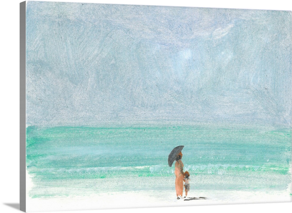 Contemporary painting of a woman with a child on a beach under a black umbrella.