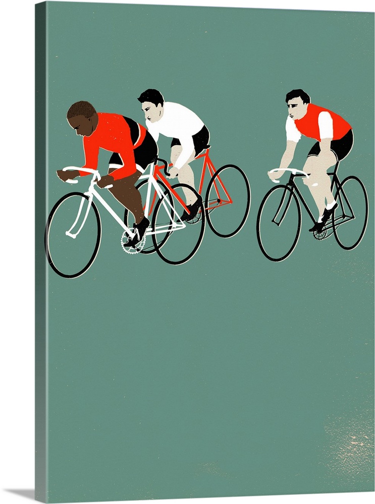 Contemporary illustration of a cyclists riding against a pale green background.