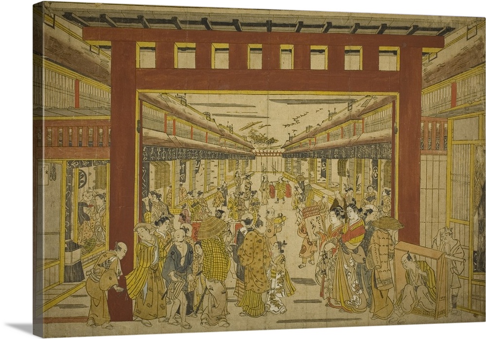 Nakanocho in the Yoshiwara, hand-coloured woodblock print.