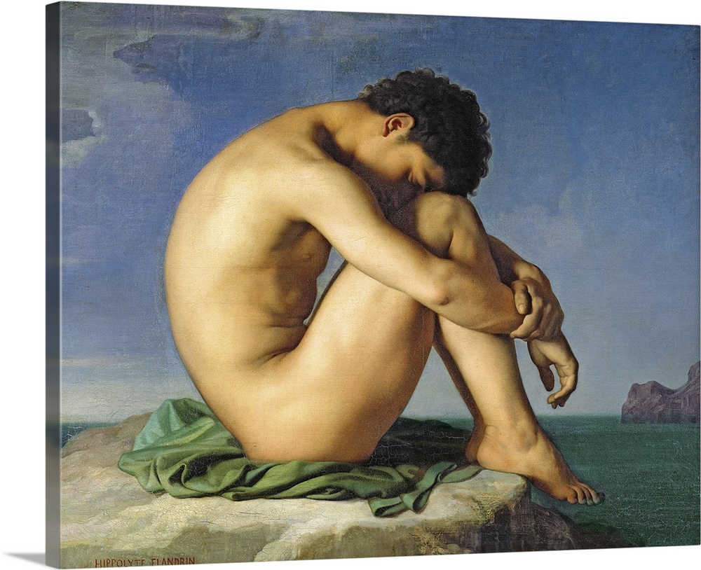 XIR61179 Naked Young Man Sitting by the Sea, 1836 (oil on canvas)  by Flandrin, Hippolyte (1809-64); 98x124 cm; Louvre, Pa...