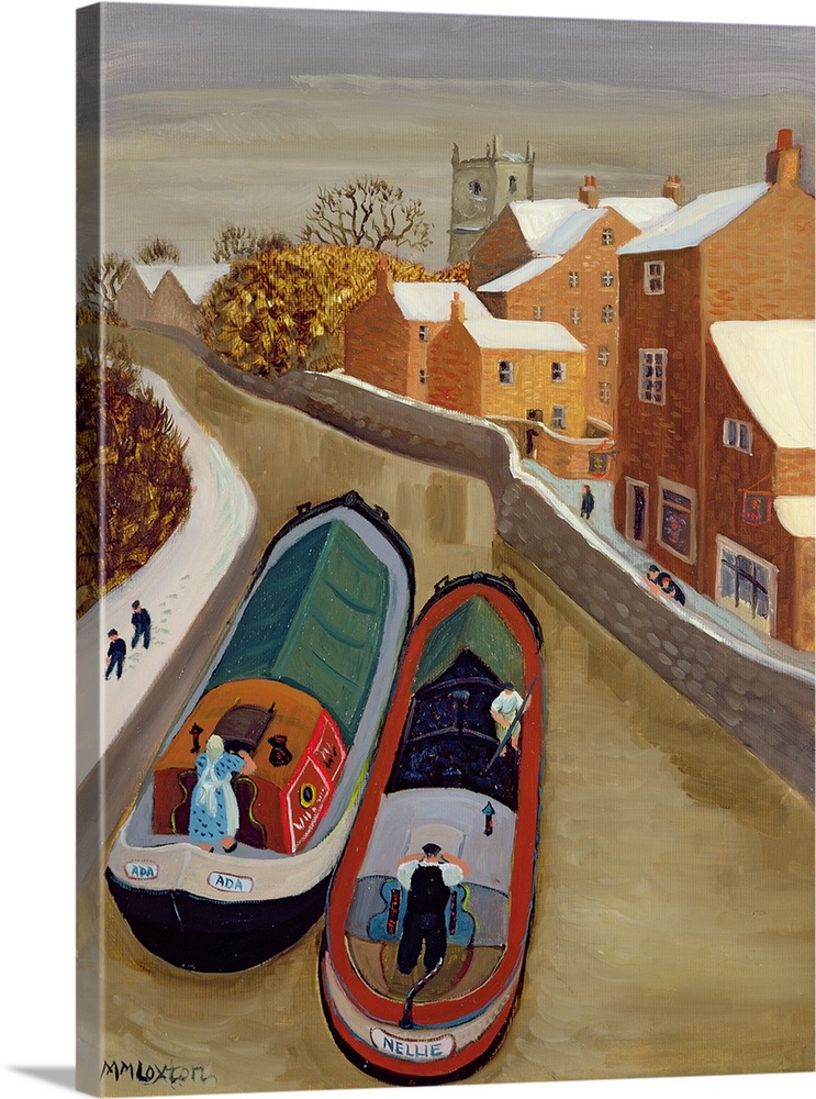 Contemporary painting of two boats in a canal in the city.