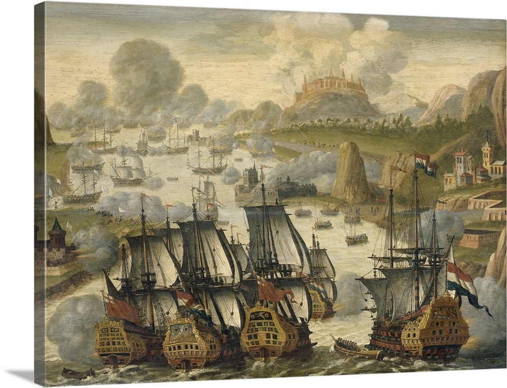 Naval Battle of Vigo Bay, 23 October 1702, from the War of the Spanish Succession, c. 1705, oil on panel.  By Dutch School.