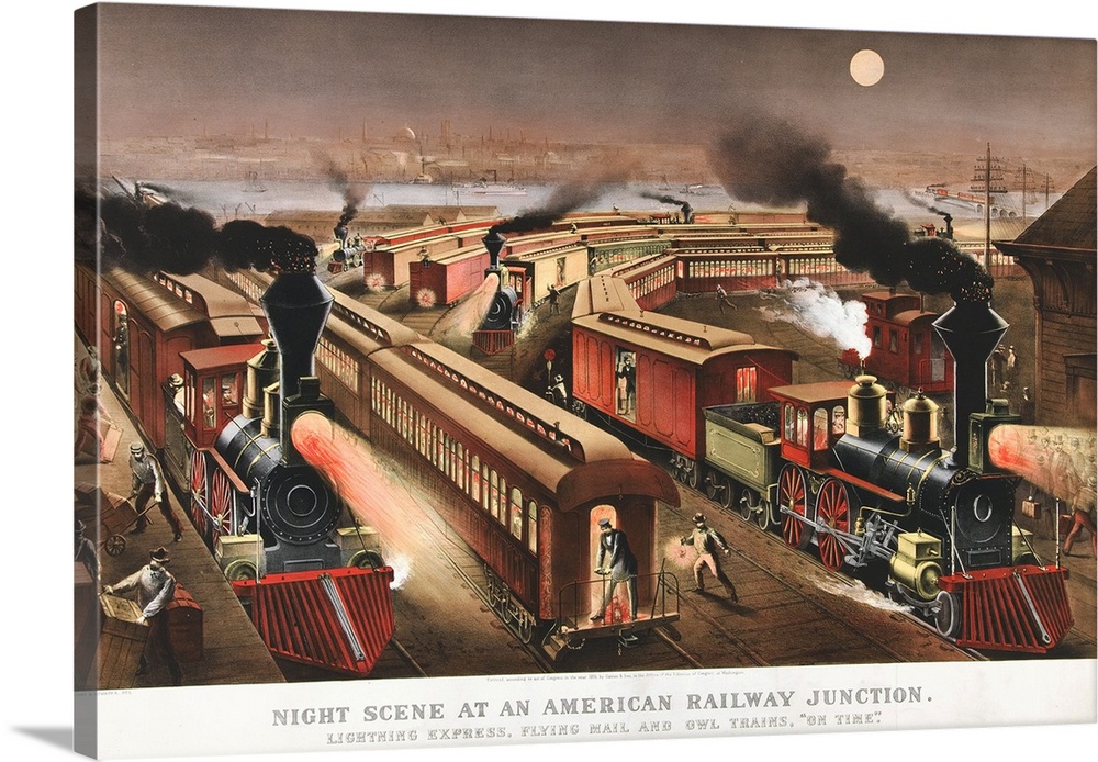Night Scene At An American Railway Junction, 1876 (originally hand-coloured lithograph) by Currier, N. (1813-88) and Ives,...