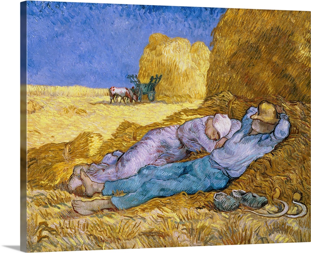 Painting by Vincent Van Gogh of workers taking a nap in hay.