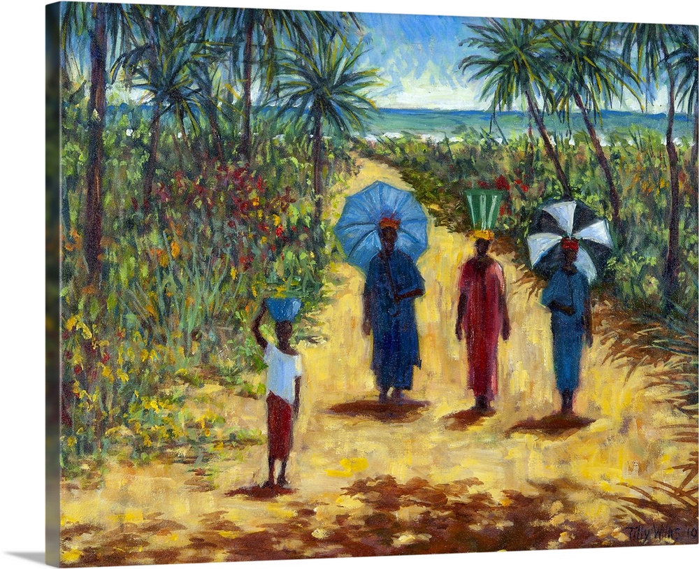 Large contemporary painting of four African figures walking on a sandy path in the tropics.