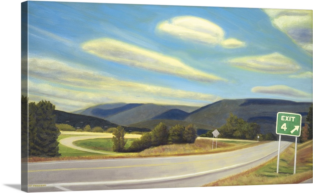 Contemporary painting of a highway with an exit sign in the New England countryside.