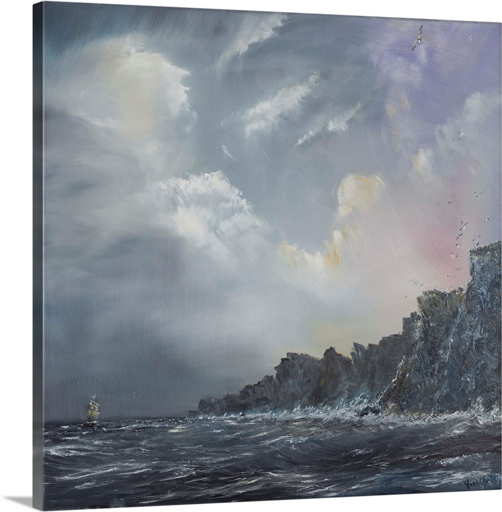 Contemporary painting of a ship out to sea near cliffs of a coast.