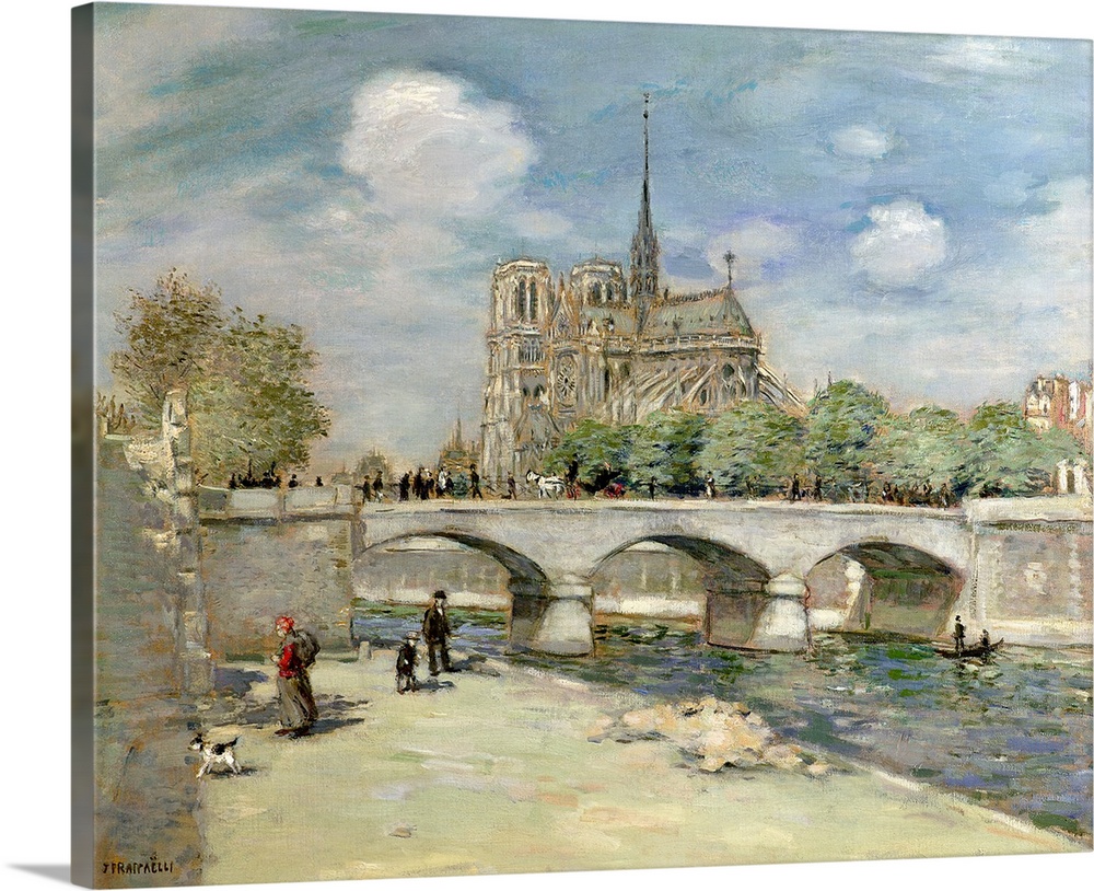 Oil painting of bridge with huge church in the background.