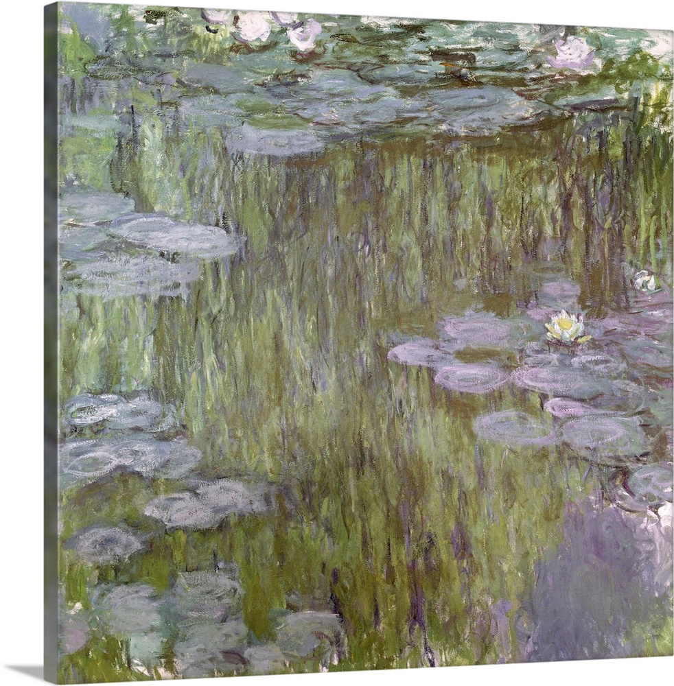 This large painting consists of green and purple toned lily pads drawn over a gray and green swamp.