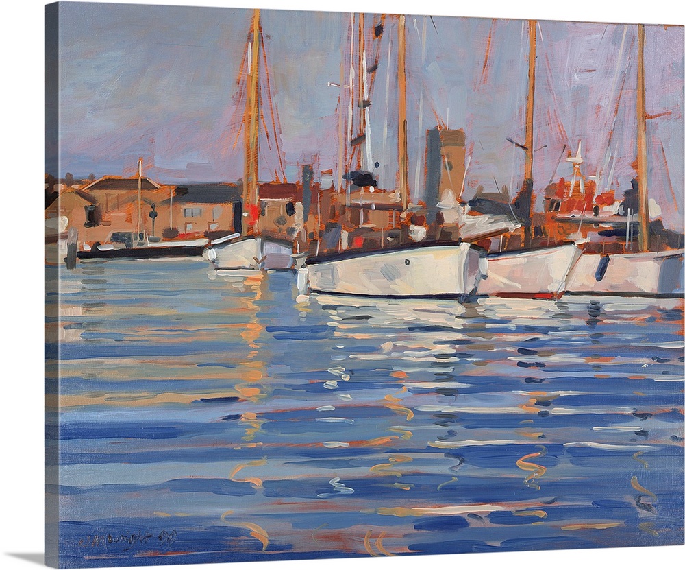 Contemporary painting of fishing boats in a harbor.