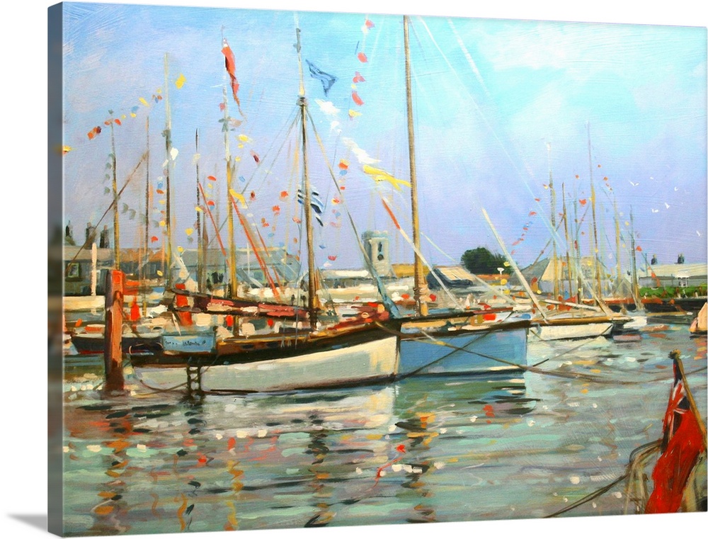 Contemporary painting of a harbor filled with sailboats.