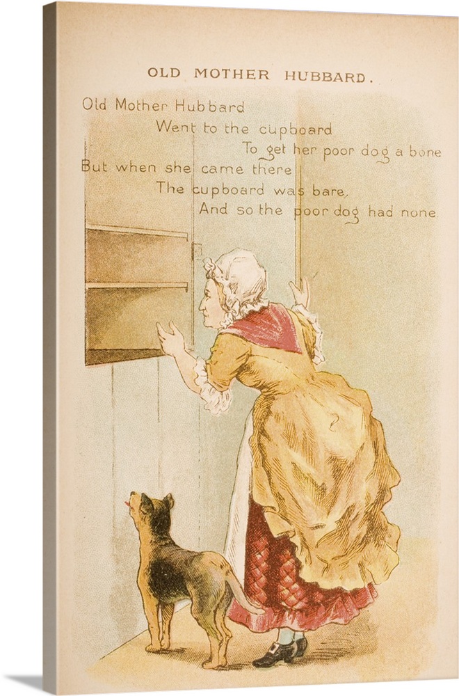 Nursery rhyme and illustration of Old Mother Hubbard from Old Mother Goose's Rhymes and Tales. Illustrated by Constance Ha...