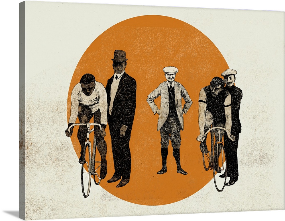 Contemporary illustration of two cyclists ready to start off against a circular orange vignette.