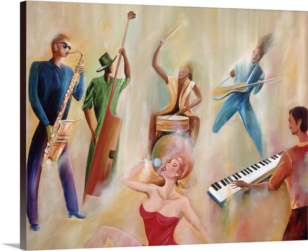 This large contemporary artwork consists of five band members playing numerous instruments and a woman singing in a red dr...