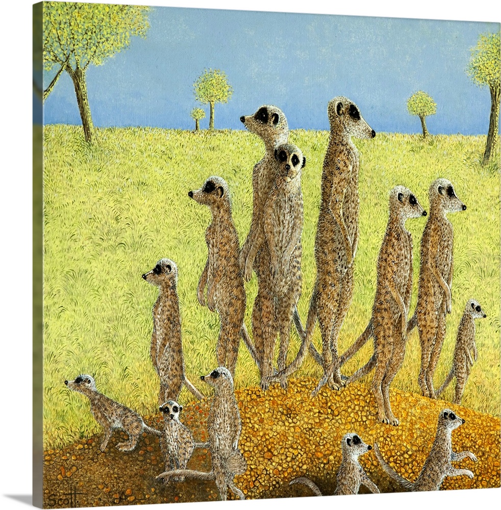 Contemporary artwork of a family of meerkats standing upright on a mound looking out for predators.