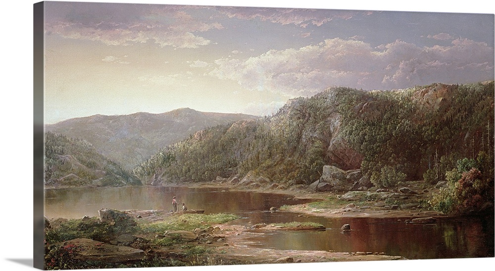 A 19th century American landscape painting of this shallow Virginian river in the Blue Ridge mountains. Two figures prepar...