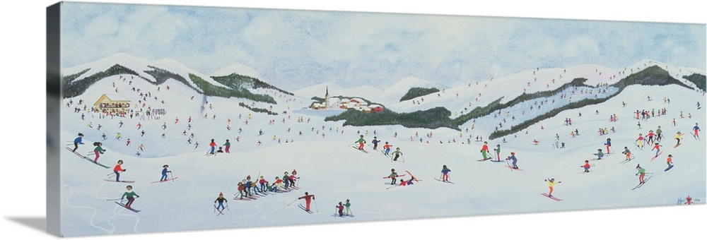 Contemporary painting of people enjoying  the snow in a hilly landscape.