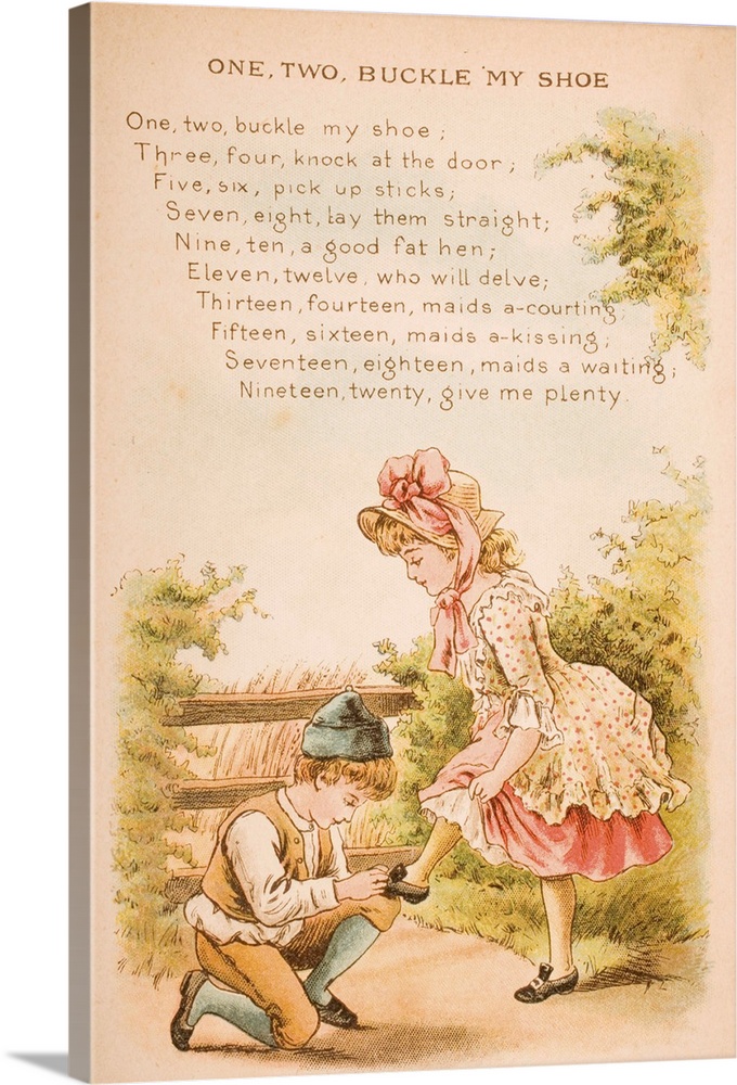 Nursery rhyme and illustration of One Two Buckle My Shoe from Old Mother Goose's Rhymes and Tales. Illustrated by Constanc...