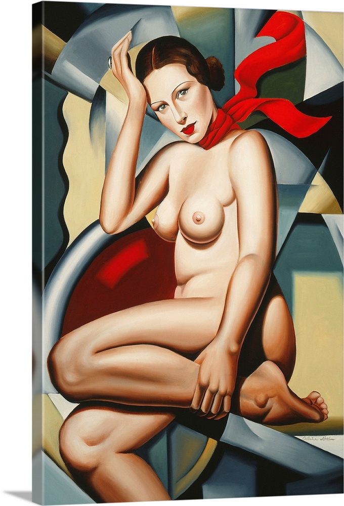 Contemporary painting of a nude woman with a brightly colored scarf.