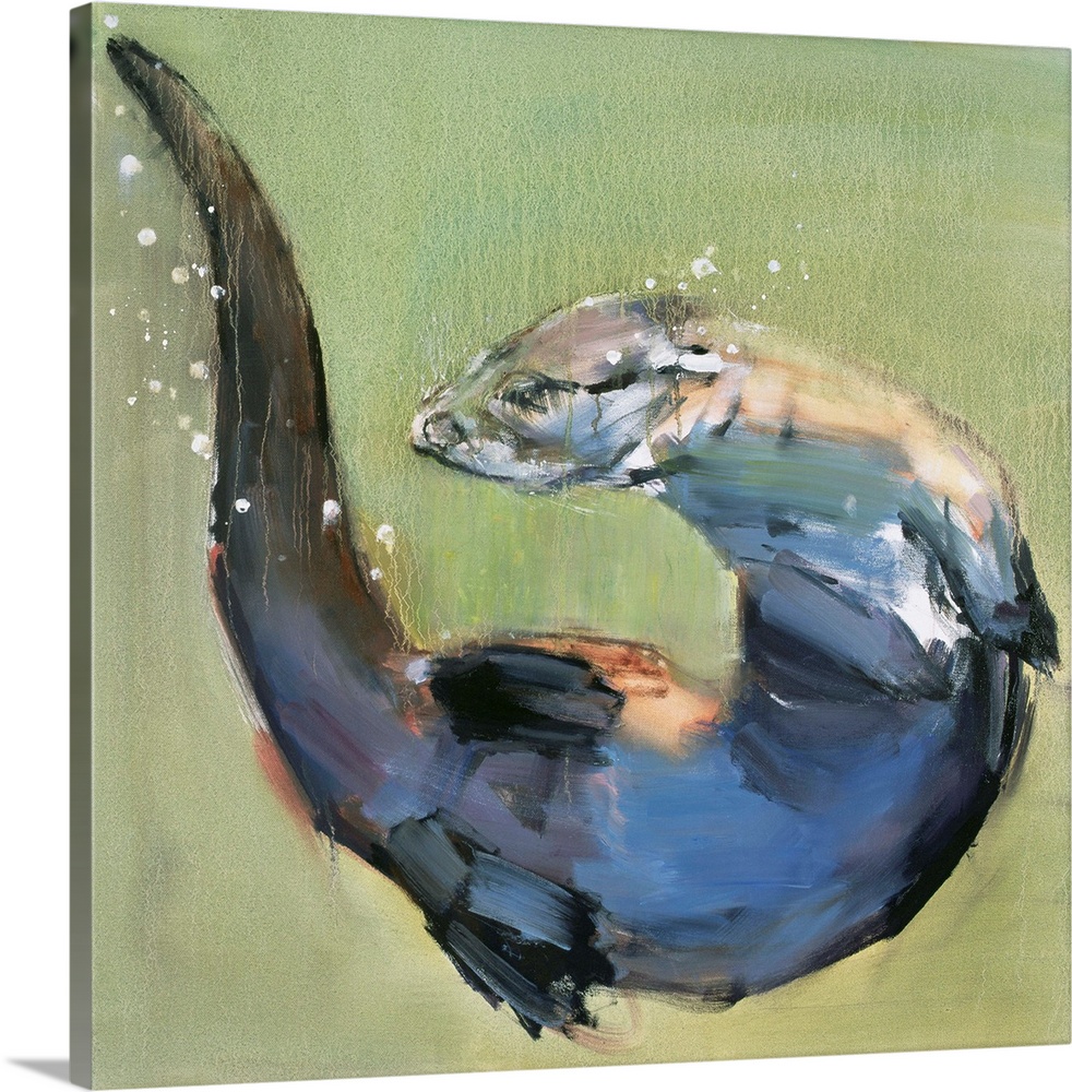 Contemporary wildlife painting of a river otter swimming.